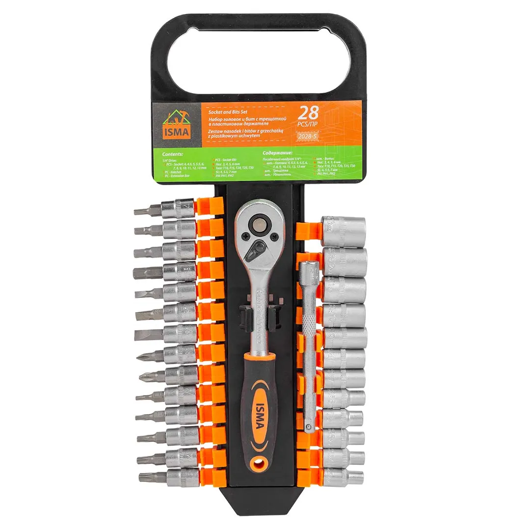 Набор головок и бит с трещоткой 28пр. 1/4''(4-13мм, Torx:T10,15,20,25,30, Hex:3-6мм,SL:4,5.5,7мм, PH...ISMA ISMA-2028-5