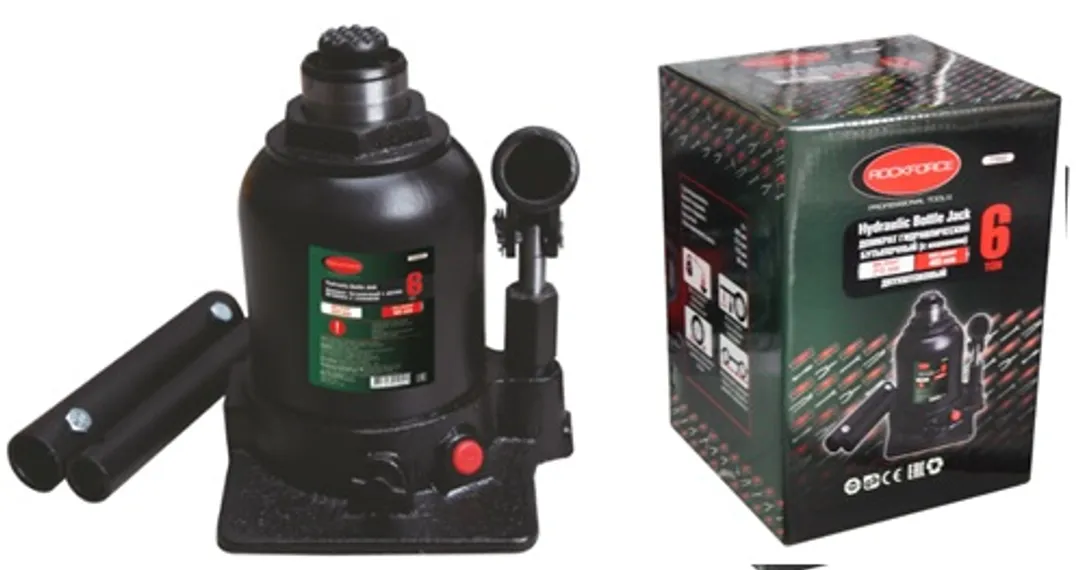 Домкрат бутылочный двухштоковый 6т с клапаном (высота подхвата - 215мм, высота подъема - 485мм, ход штока - 270мм,) RockFORCE RF-TF0602