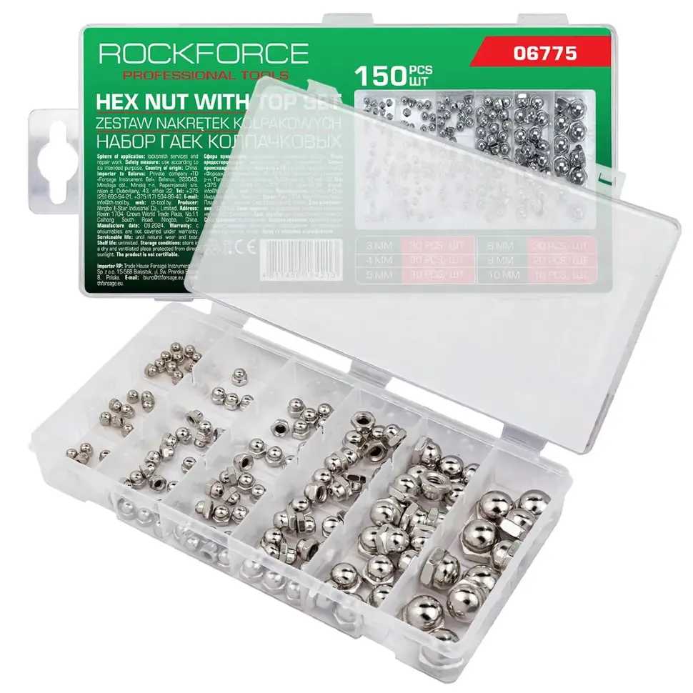 Гайки нержавеющие колпачковые 3-10мм, набор 150пр. RockFORCE RF-06775 Гайки нержавеющие колпачковые 3-10мм, набор 150пр. RockFORCE RF-06775