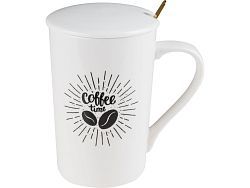 Кружка керамическая с крышкой и ложкой, 350 мл., COFFEE TIME  