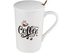 Кружка керамическая с крышкой и ложкой, 350 мл., COFFEE DAY  