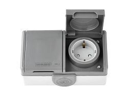 Розетка 2-ая (открытая, с/з, струезащ.) серая, Пралеска Аква, Bylectrica (IP55 пылеструезащищенная) ...