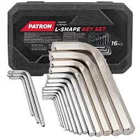 Ключи Г-образные 6-гранные, набор 13+3пр. (2, 2.5, 3-8, 10, 12, 14, 17, 19мм + T25, T30, T40) PATRON...