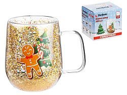 Кружка стеклянная с двойными стенками, 380 мл, серия CHRISTMAS-2 (Стеклянная кружка ручной работы из...