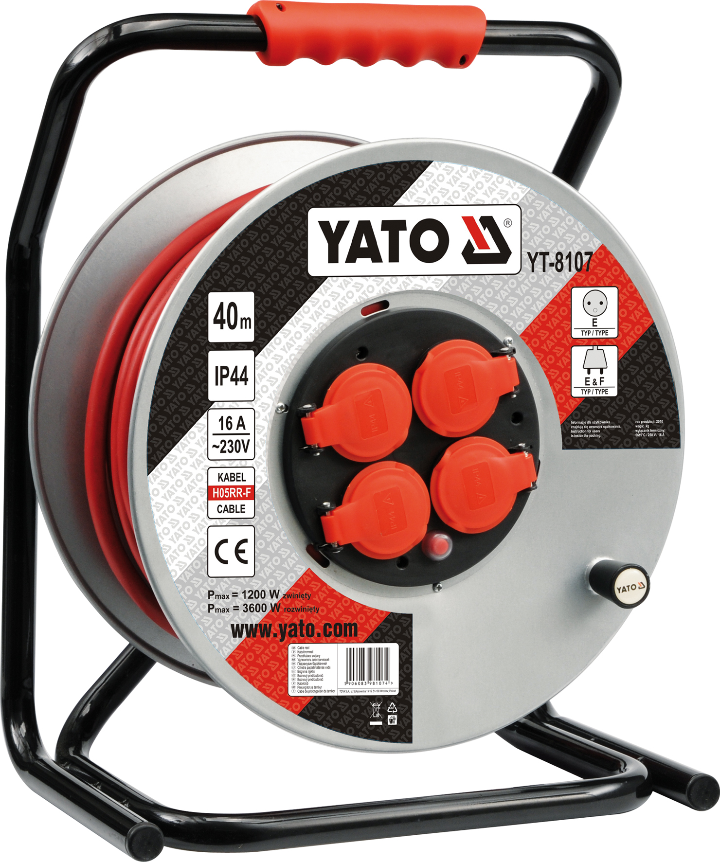 Удлинитель электрический H05RR-F 3G2.5mm. на катушке 40м 4 розетки  ...YATO YT-8107