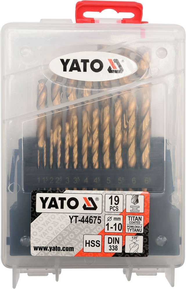 Свёрла по металлу 1-10mm HSS-TiN (набор 19пр.) YATO YT-44675