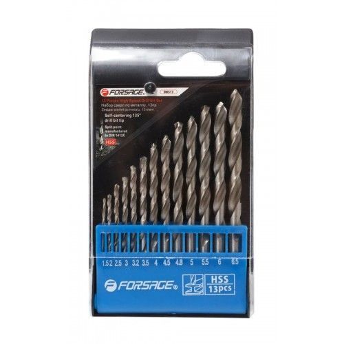 Набор сверл по металлу HSS, 13пр. (1.5-6.5мм), в пластиковом футляре Forsage F-DBS13 Набор сверл по металлу HSS, 13пр. (1.5-6.5мм), в пластиковом футляре Forsage F-DBS13